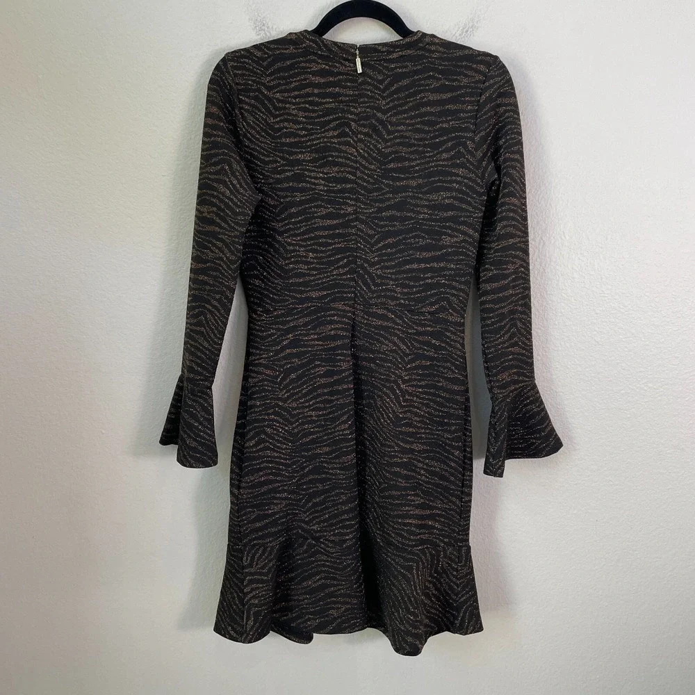 Michael Kors Womens Small Metallic Animal Print Flounce Hem Dress Long Sleeve‎